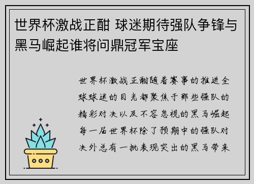 世界杯激战正酣 球迷期待强队争锋与黑马崛起谁将问鼎冠军宝座